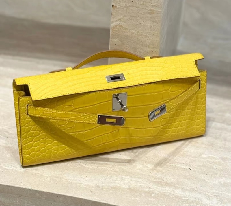 Hermes kelly cut m9金盞花黃 銀扣 霧面  方塊鰐魚 99新 框R-4