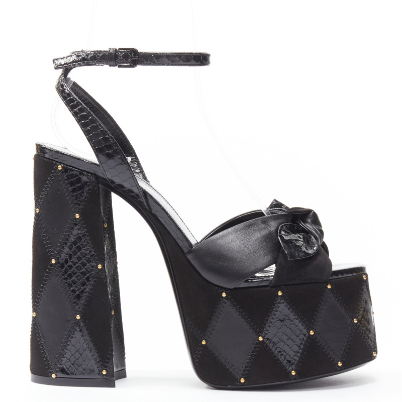 SAINT LAURENT Paige 85 Runway black patchwork stud platform sandals EU38-0