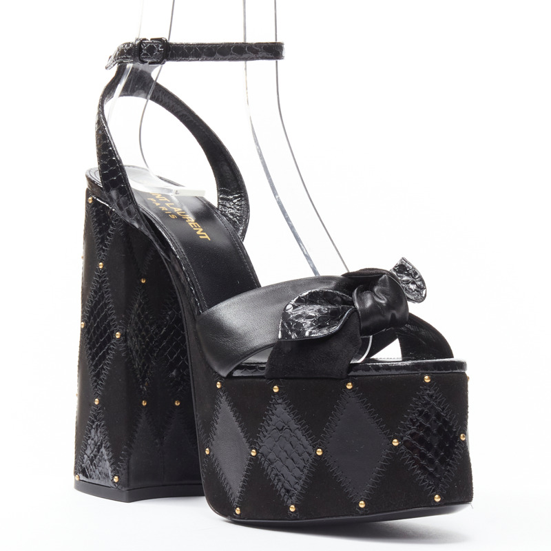 SAINT LAURENT Paige 85 Runway black patchwork stud platform sandals EU38-1