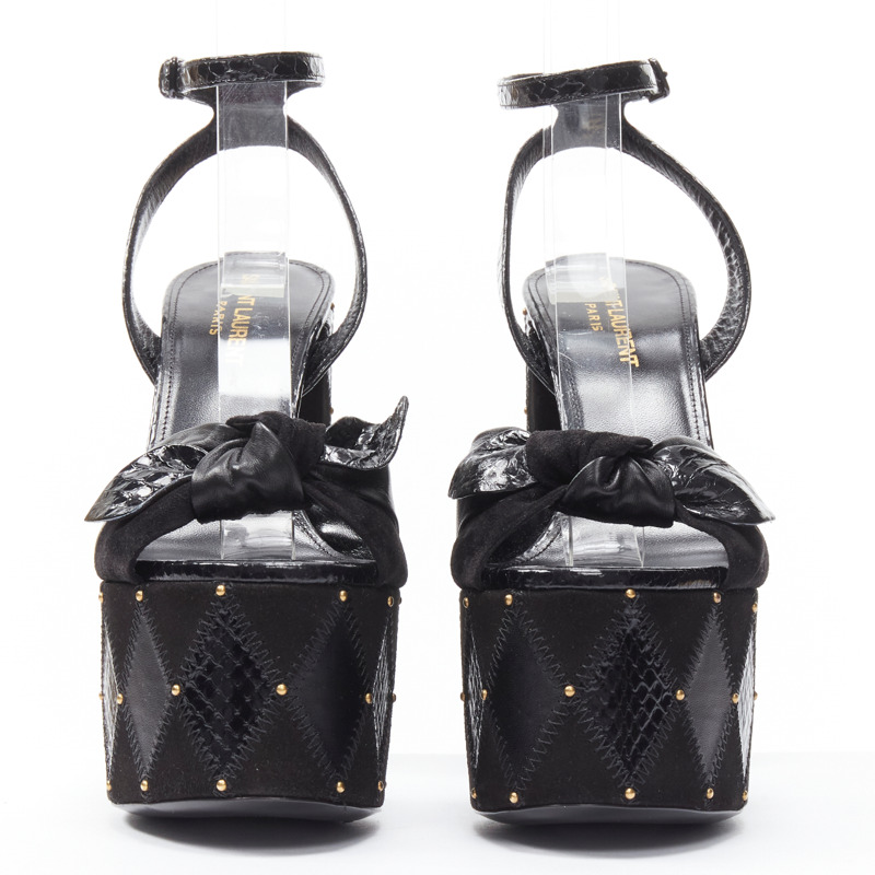 SAINT LAURENT Paige 85 Runway black patchwork stud platform sandals EU38-2