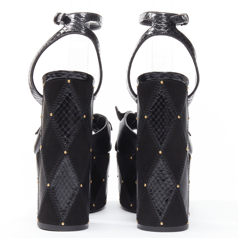 SAINT LAURENT Paige 85 Runway black patchwork stud platform sandals EU38-4