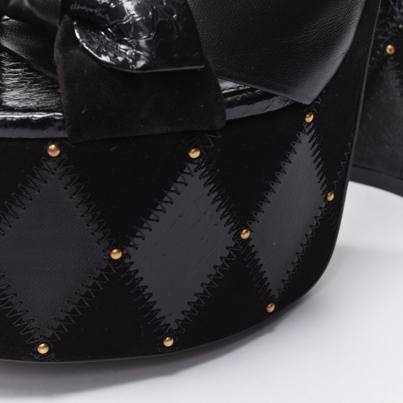 SAINT LAURENT Paige 85 Runway black patchwork stud platform sandals EU38-7