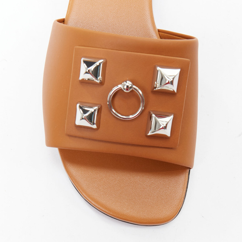 HERMES Dune tan leather palladium Collier de Chien flat sandal EU37.5-5