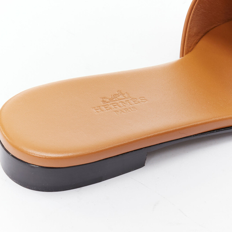 HERMES Dune tan leather palladium Collier de Chien flat sandal EU37.5-6