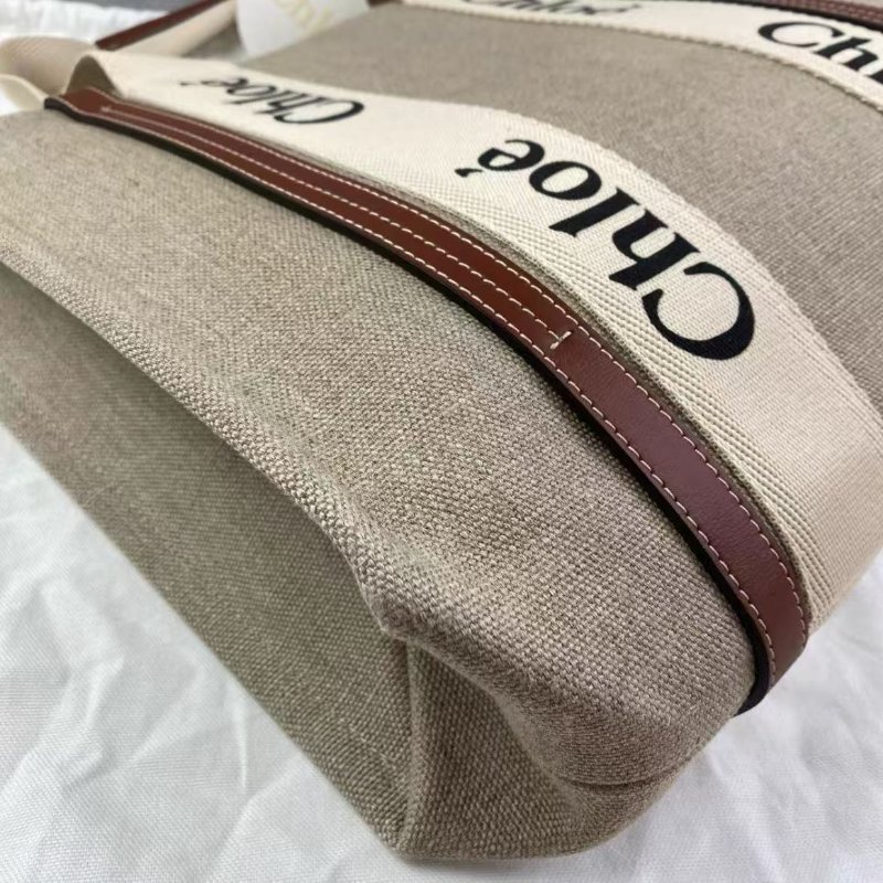 CHLOE Woody 米色拼棕色 帆布拼牛皮中號托特包 99新配件塵袋-3