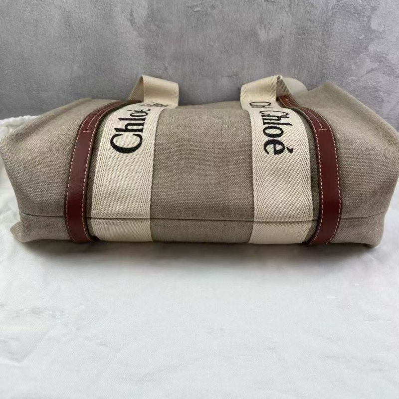 CHLOE Woody 米色拼棕色 帆布拼牛皮中號托特包 99新配件塵袋-5