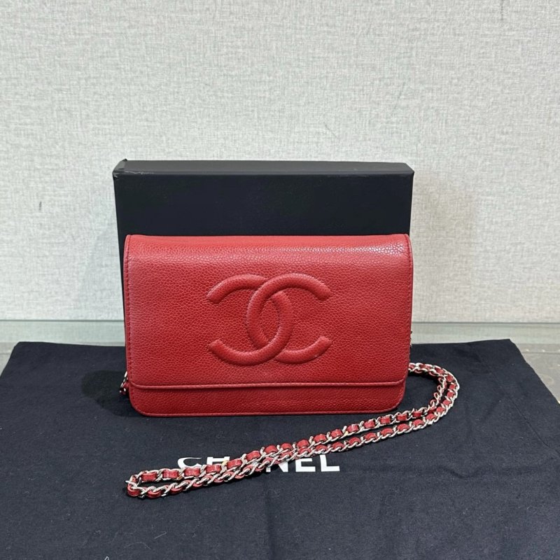 CHANEL 紅銀雙C大logo荔枝牛woc鏈條包 19*12*4 98新配件盒子塵袋-0