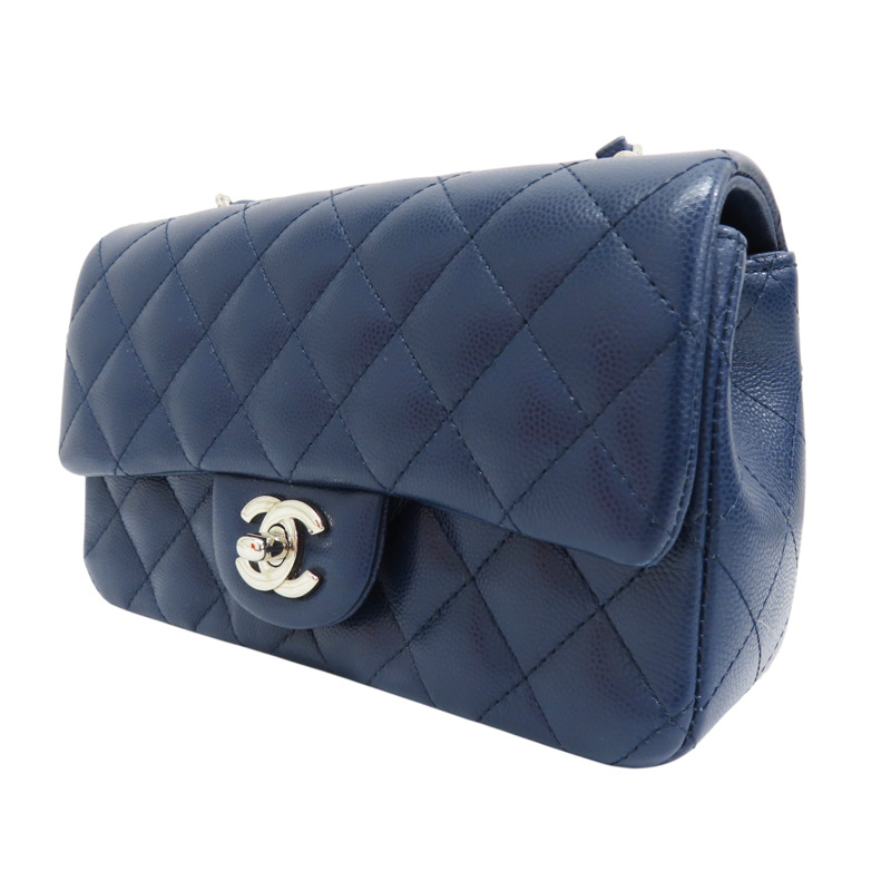 藍色 牛皮 菱格紋 荔枝紋 Coco 20 鍊帶 肩背包 銀扣 (無卡) A69900-2