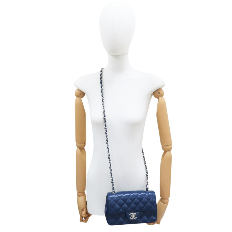 藍色 牛皮 菱格紋 荔枝紋 Coco 20 鍊帶 肩背包 銀扣 (無卡) A69900-8