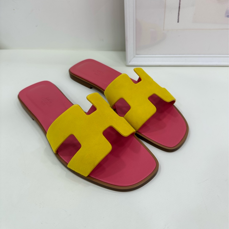 愛馬仕Hermes H 限量麂皮拼色ORAN拖鞋 經典H版型 拖鞋 全新37.5碼-0