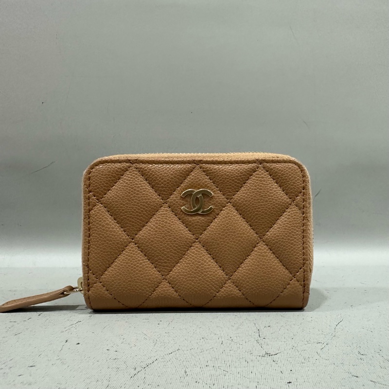 Chanel ap3050 奶茶荔枝皮淡金釦拉鍊卡夾包-0