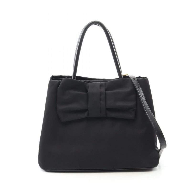 PRADA 絲帶單肩斜背包 尼龍皮革 黑色 二手 女士-0