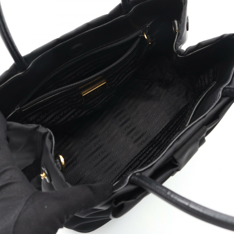 PRADA 絲帶單肩斜背包 尼龍皮革 黑色 二手 女士-2