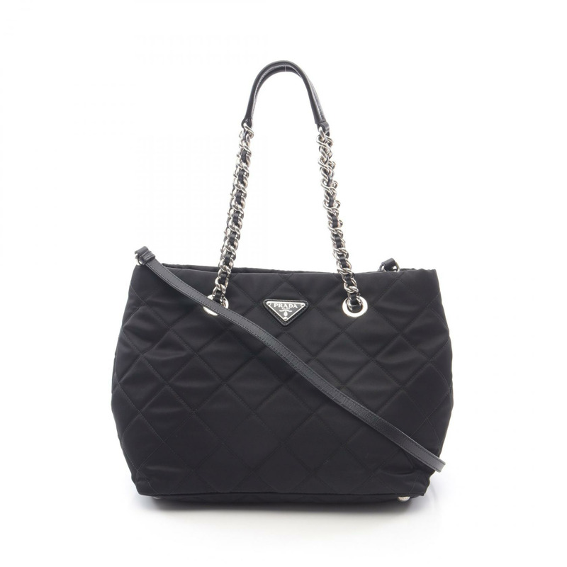 PRADA TESSUTO IMPUNTU 單肩手提包尼龍 Saffiano 皮革黑色二手女式-0