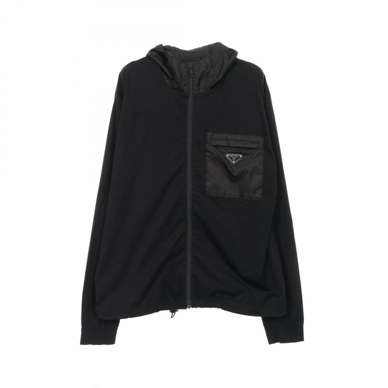 PRADA UJL150 棉尼龍混紡黑色連帽衫，二手男款 XL 碼-0