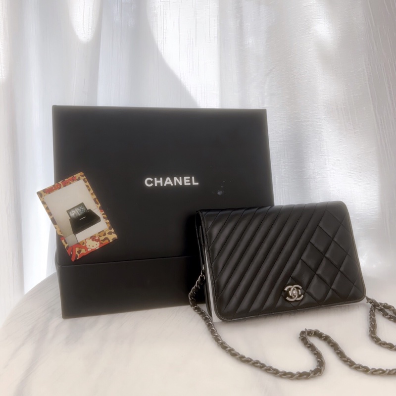 98新CHANEL/香奈兒 黑銀woc鏈條包，做舊五金特別款、斜紋拼菱格羊皮單肩斜挎包-1