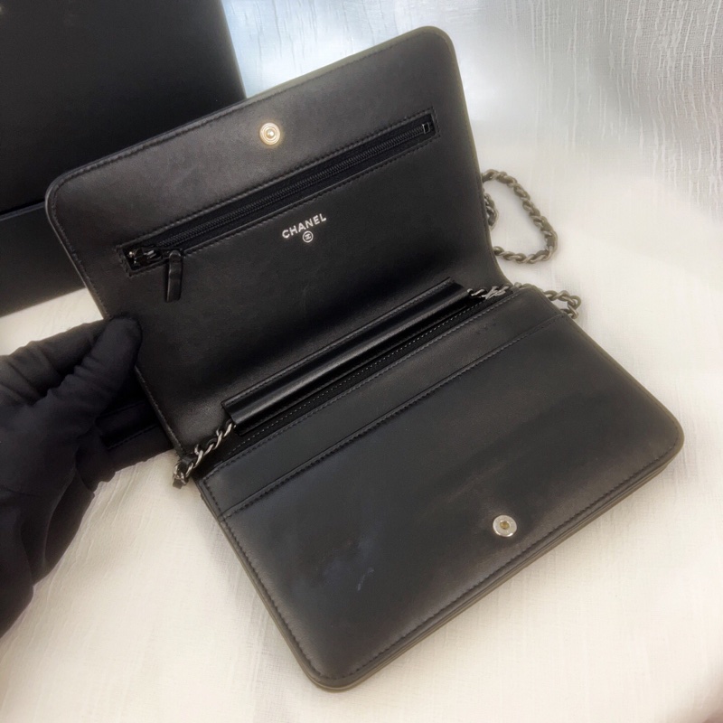 98新CHANEL/香奈兒 黑銀woc鏈條包，做舊五金特別款、斜紋拼菱格羊皮單肩斜挎包-3