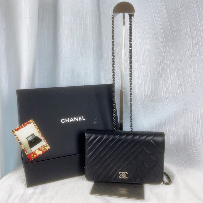98新CHANEL/香奈兒 黑銀woc鏈條包,做舊五金特別款、斜紋拼菱格羊皮單肩斜挎包-5