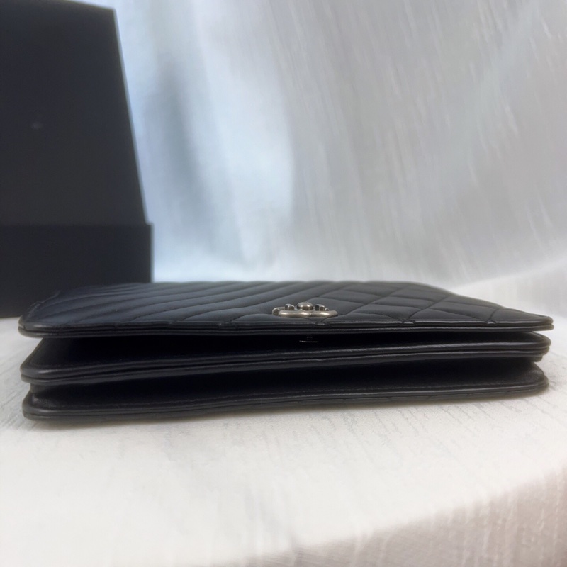 98新CHANEL/香奈兒 黑銀woc鏈條包,做舊五金特別款、斜紋拼菱格羊皮單肩斜挎包-7