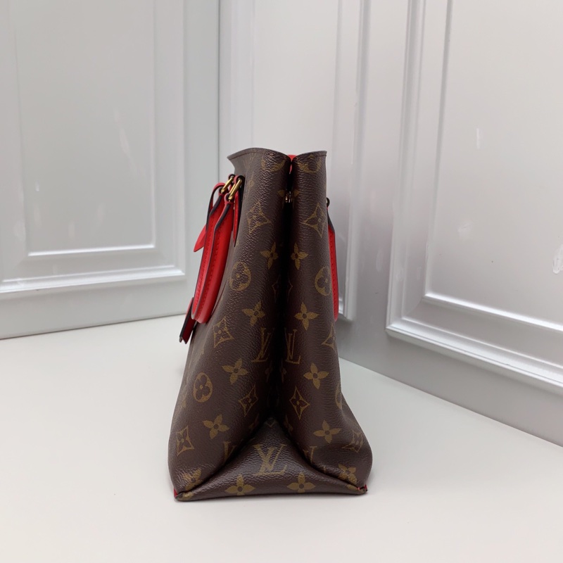 98新LV路易威登 flower tote  芯片共存老花拼紅色托特包-3
