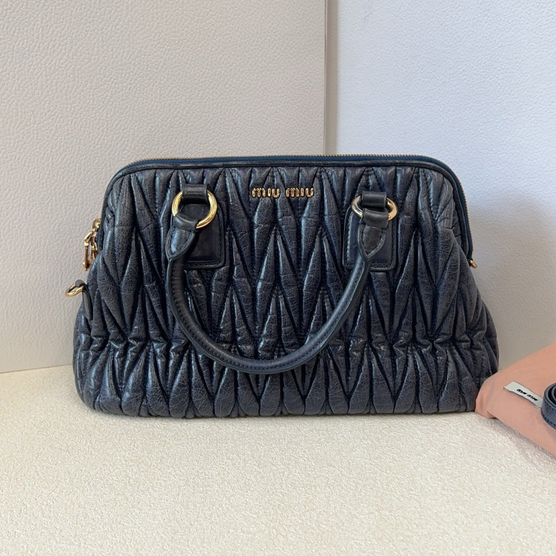 Miu Miu 藍色褶皺羊皮包 手提包 肩背包 底長34cm-0