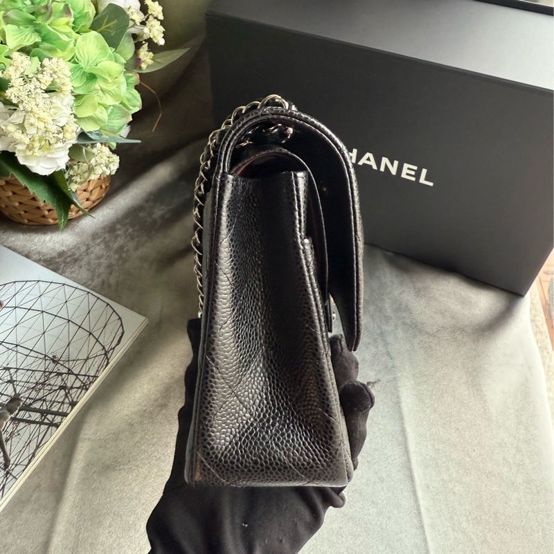 銀釦菱格紋粒紋牛皮 25cm COCO包(黑色)-1