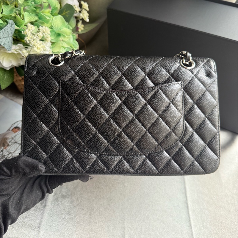 銀釦菱格紋粒紋牛皮 25cm COCO包(黑色)-2