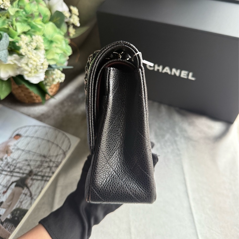 銀釦菱格紋粒紋牛皮 25cm COCO包(黑色)-3