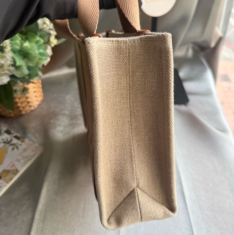Woody 帆布拼牛皮手提/斜背二用托特包(小)(奶茶色)-2