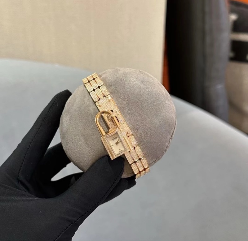 Hermes Kelly 玫瑰金全鑽 三合一女裝手錶-4