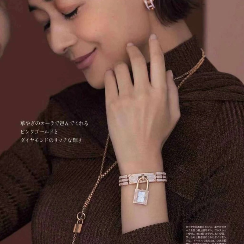 Hermes Kelly 玫瑰金全鑽 三合一女裝手錶-7