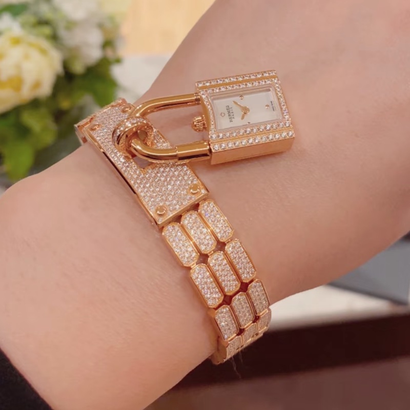 Hermes Kelly 玫瑰金全鑽 三合一女裝手錶-8