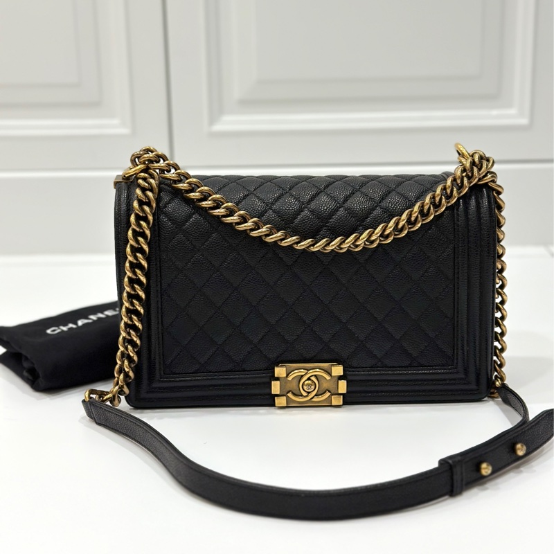 chanel 黑色牛皮 le boy boy 28 鍊條包 帶鍊包 斜背包 肩背包-2