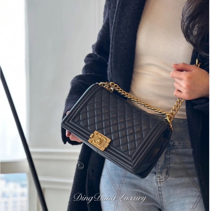 chanel 黑色牛皮 le boy boy 28 鍊條包 帶鍊包 斜背包 肩背包-3