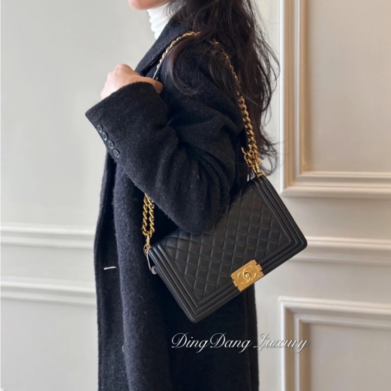 chanel 黑色牛皮 le boy boy 28 鍊條包 帶鍊包 斜背包 肩背包-4