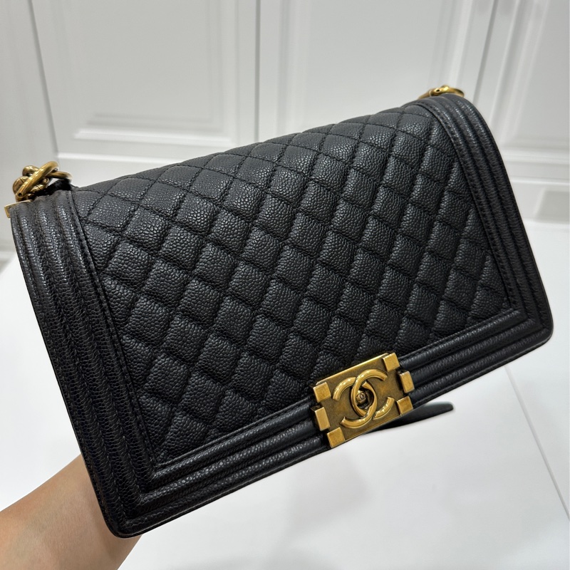 chanel 黑色牛皮 le boy boy 28 鍊條包 帶鍊包 斜背包 肩背包-7