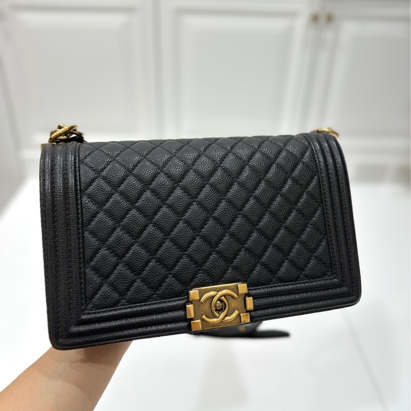 chanel 黑色牛皮 le boy boy 28 鍊條包 帶鍊包 斜背包 肩背包-8