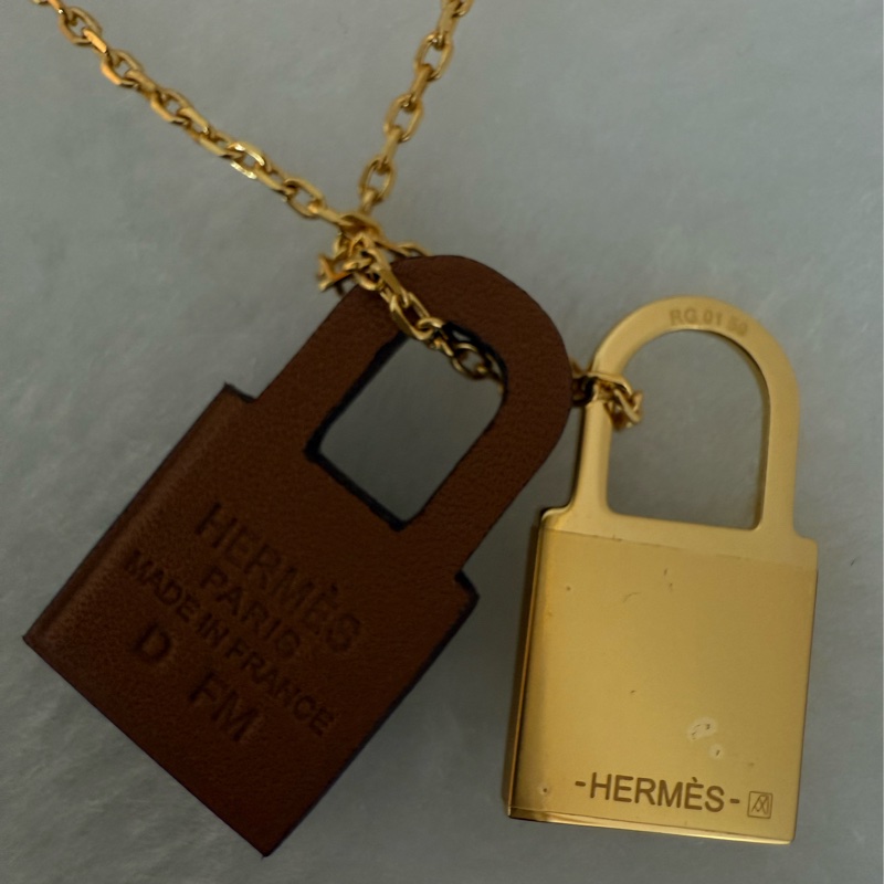 全新HERMES O'Kelly咖皮+金雙鎖頭項鍊-5