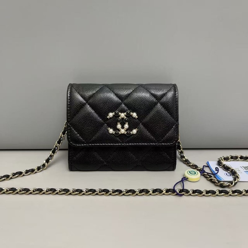 Chanel香奈兒 黑金牛皮荔枝紋迷你woc珍珠雙C鏈條包 斜背包-0