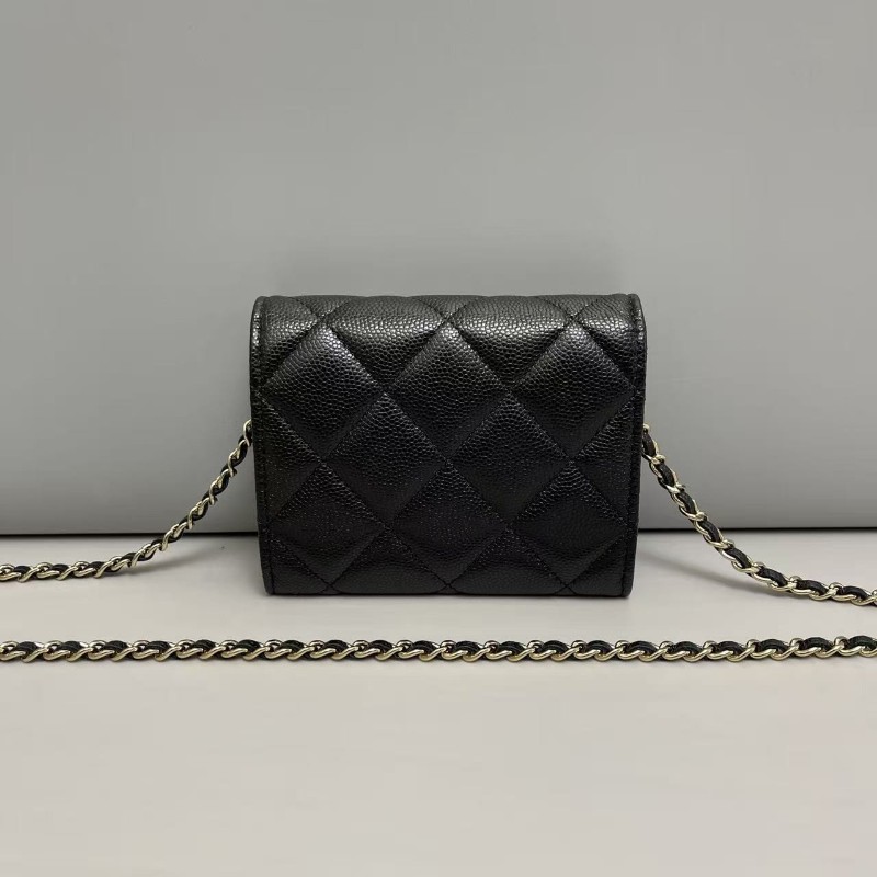 Chanel香奈兒 黑金牛皮荔枝紋迷你woc珍珠雙C鏈條包 斜背包-1