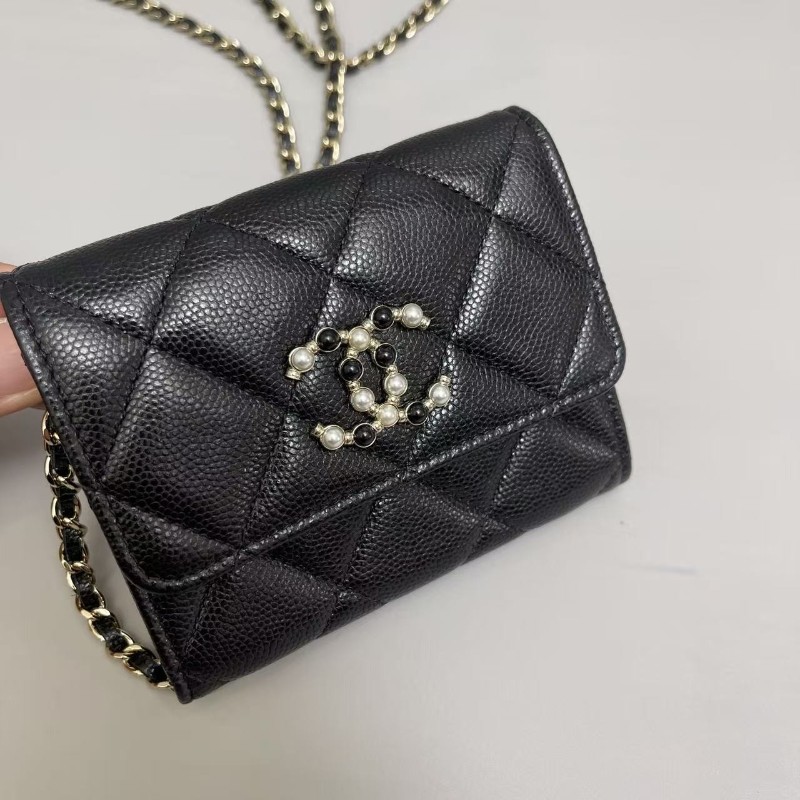 Chanel香奈兒 黑金牛皮荔枝紋迷你woc珍珠雙C鏈條包 斜背包-2