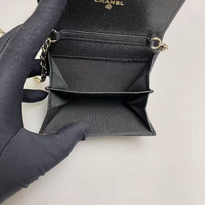 Chanel香奈兒 黑金牛皮荔枝紋迷你woc珍珠雙C鏈條包 斜背包-4