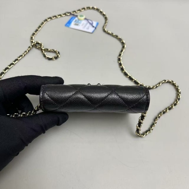 Chanel香奈兒 黑金牛皮荔枝紋迷你woc珍珠雙C鏈條包 斜背包-5