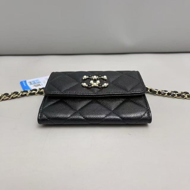 Chanel香奈兒 黑金牛皮荔枝紋迷你woc珍珠雙C鏈條包 斜背包-6