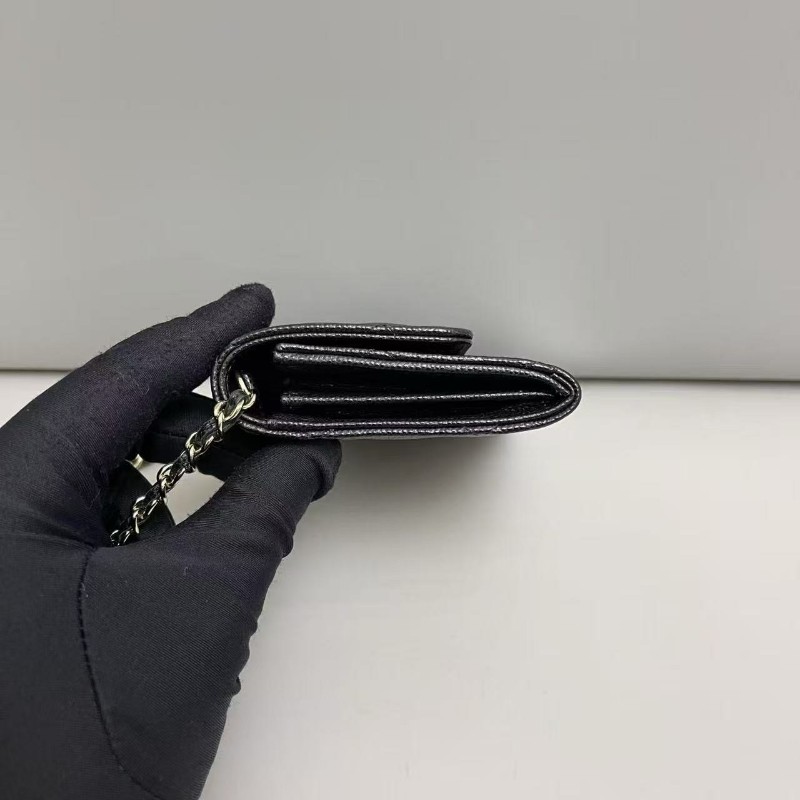 Chanel香奈兒 黑金牛皮荔枝紋迷你woc珍珠雙C鏈條包 斜背包-7