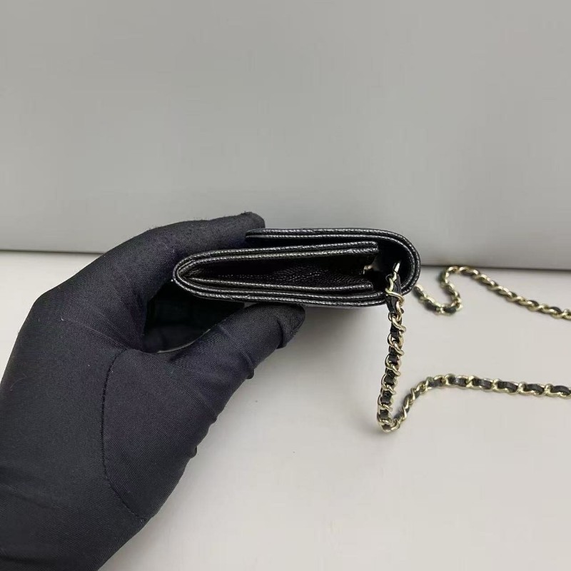 Chanel香奈兒 黑金牛皮荔枝紋迷你woc珍珠雙C鏈條包 斜背包-8