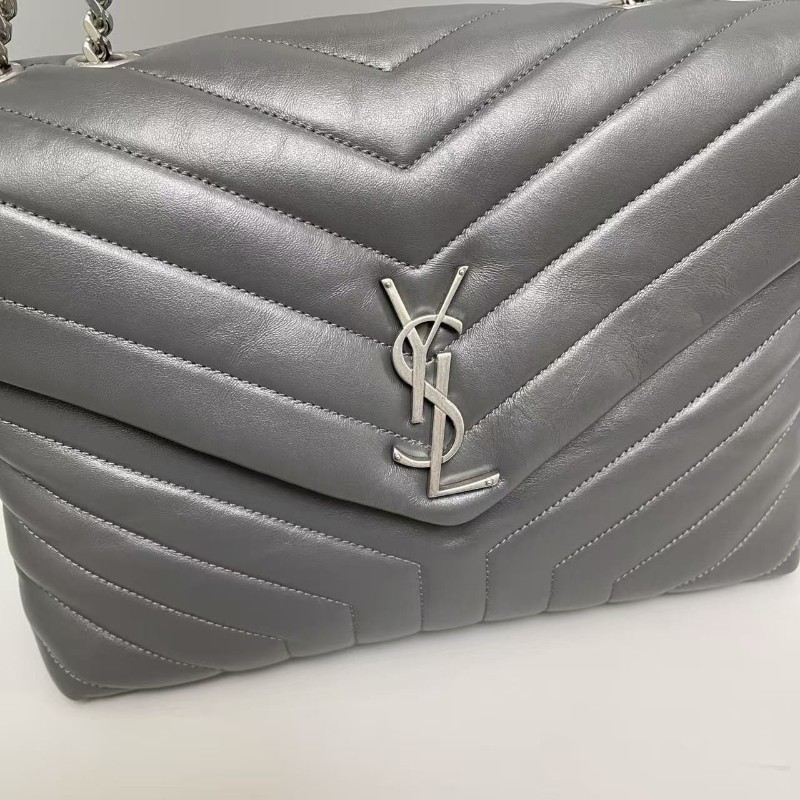 YSL聖羅蘭Loulou大號灰色全皮 肩背包 斜背包 尺寸30×21cm-6