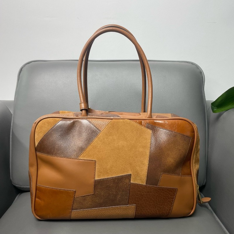 MiuMiu/繆繆 晶片款 乾邑色補丁皮革拼貼保齡球包 手提包-1