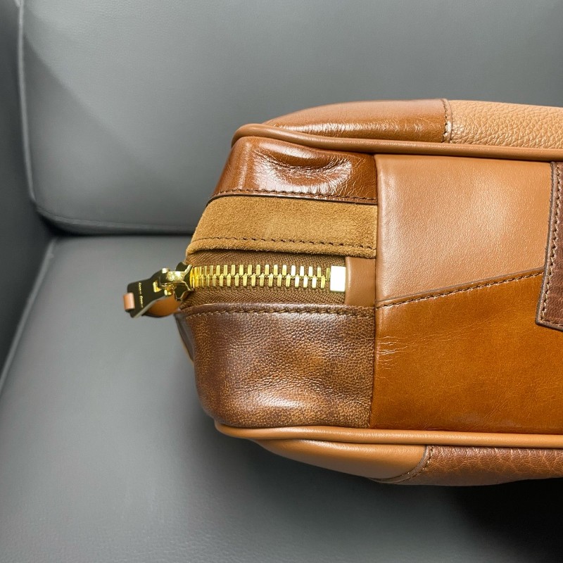 MiuMiu/繆繆 晶片款 乾邑色補丁皮革拼貼保齡球包 手提包-4