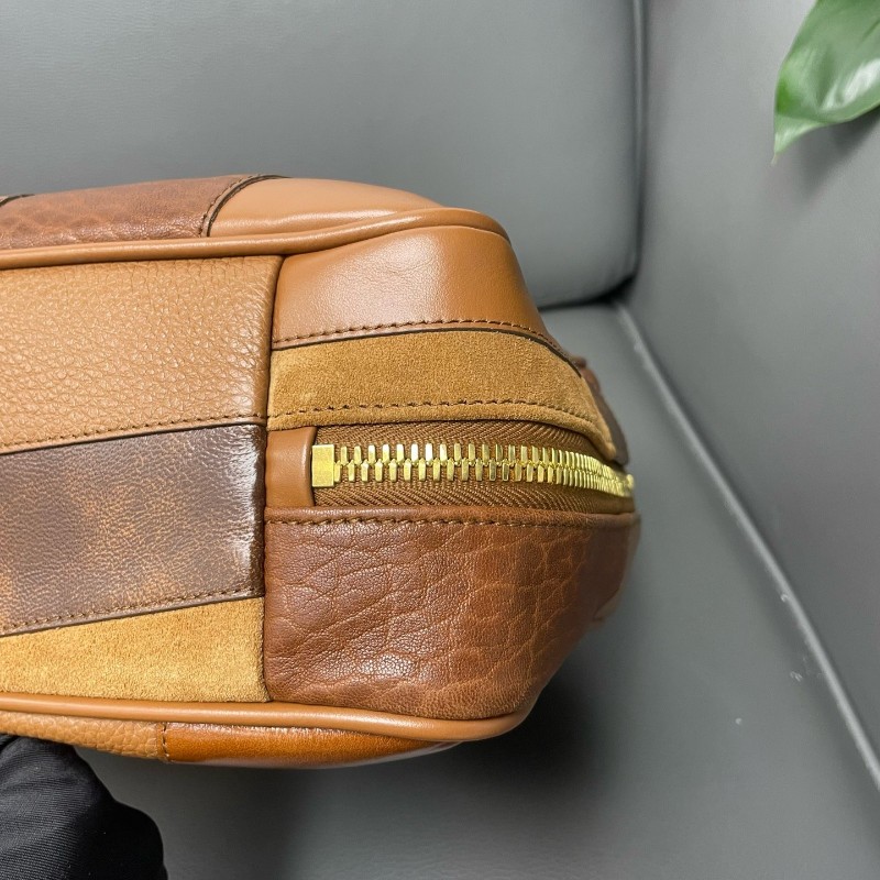 MiuMiu/繆繆 晶片款 乾邑色補丁皮革拼貼保齡球包 手提包-5